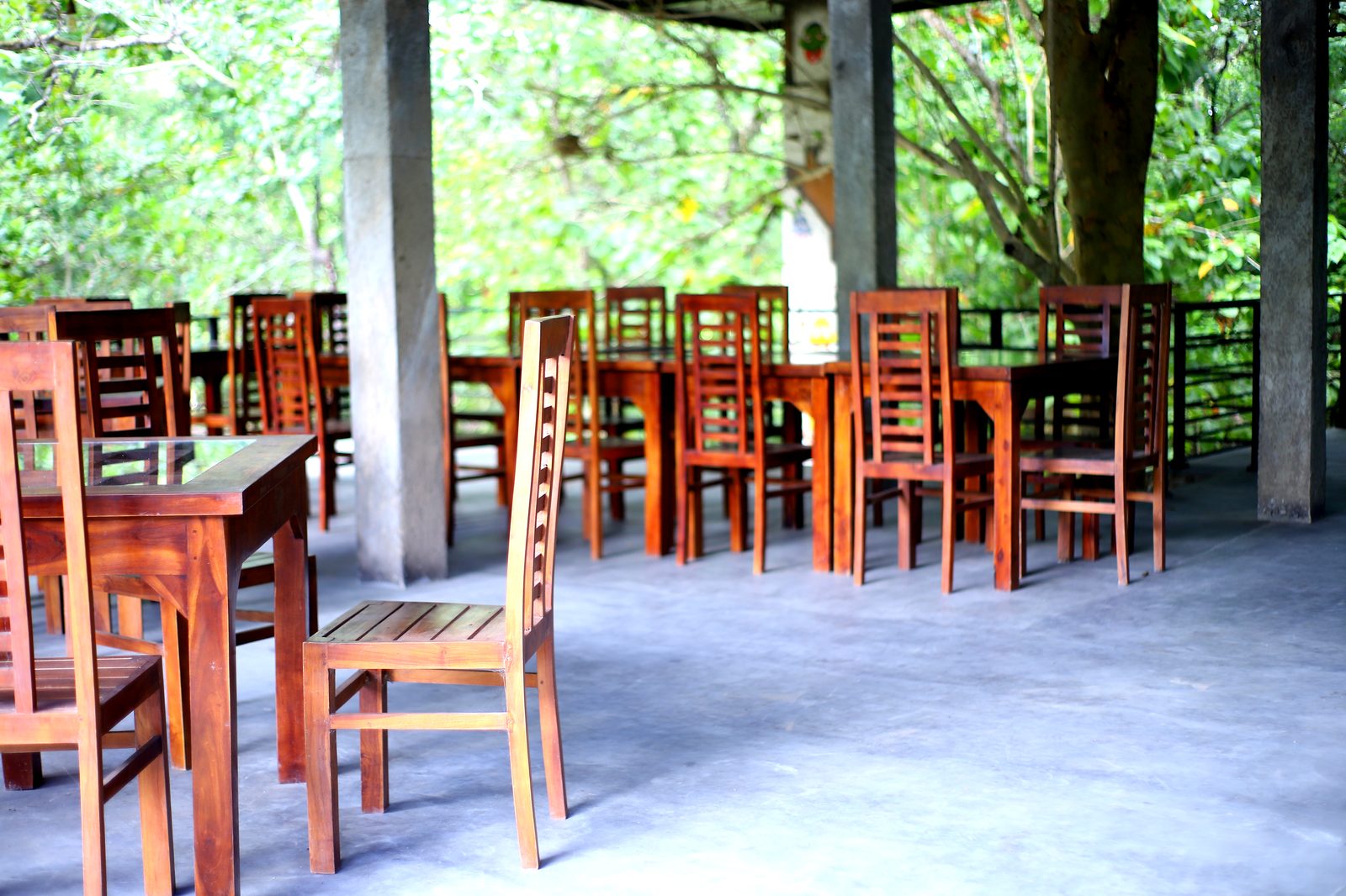 Open-air restaurant seating among the trees